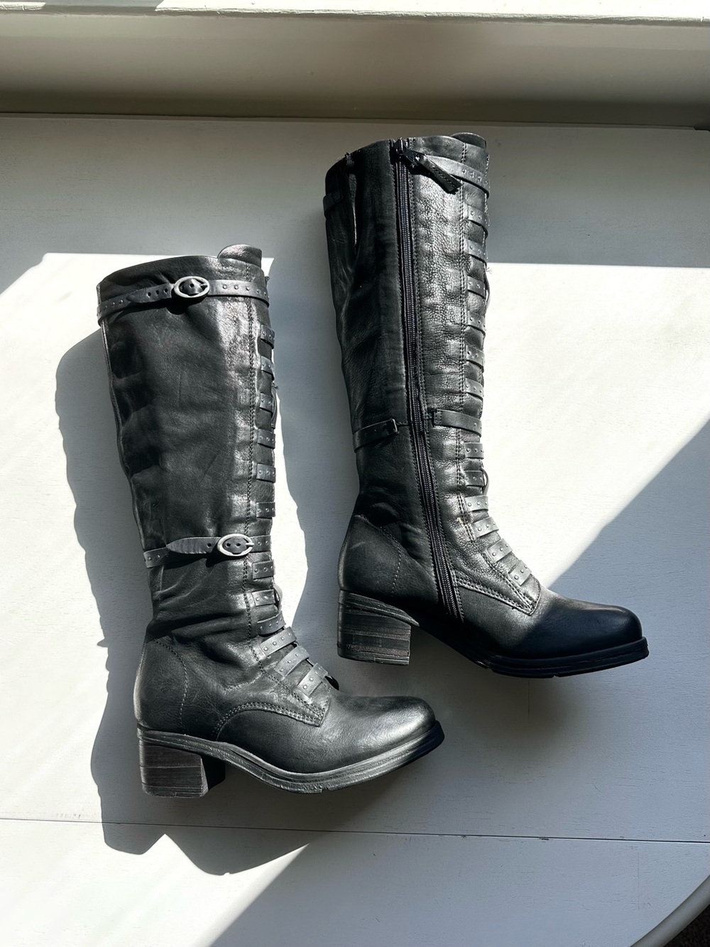 Miz mooz black leather knee high studded multi strap heeled boots women’s 38 7.5